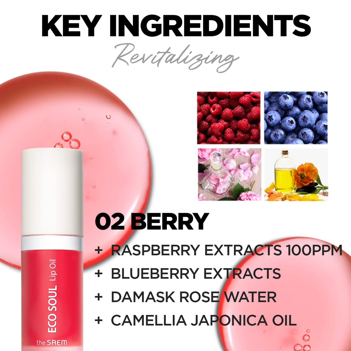 THESAEM Eco Soul Lip Oil 02 Berry - Plumping & Hydrating Lip Oil to Nourish & Moisturize Lips - Berry Extract & Rose Water - Lips Soft & Glossy Beauty and Personal Care THESAEM