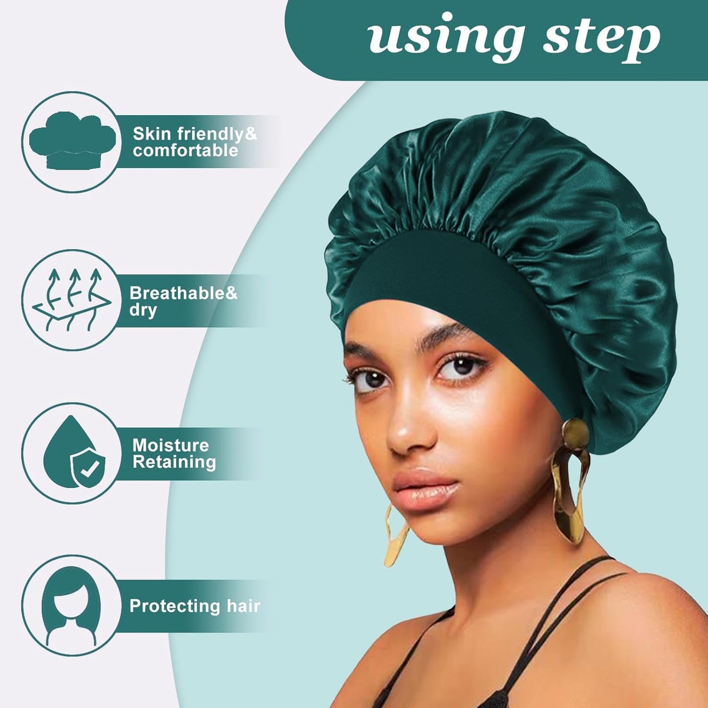 4PCS Silk Satin Bonnets for Black Women & Men - Elastic Wide Band Hair Wrap Cap for Curly Hair - Shower Cap for Sleeping (Black, Peacock Blue, Pink Beauty and Personal Care FIRSTPELLA