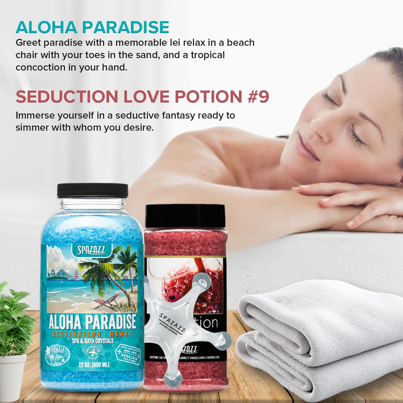 Spazazz Spa Aromatherapy Crystals for Hot Tub -Couples Gift for Love, Romance, Anniversaries -Love Potion #9 Seduction 17oz -Destinations Hawaii Aloha Beauty and Personal Care Spazazz