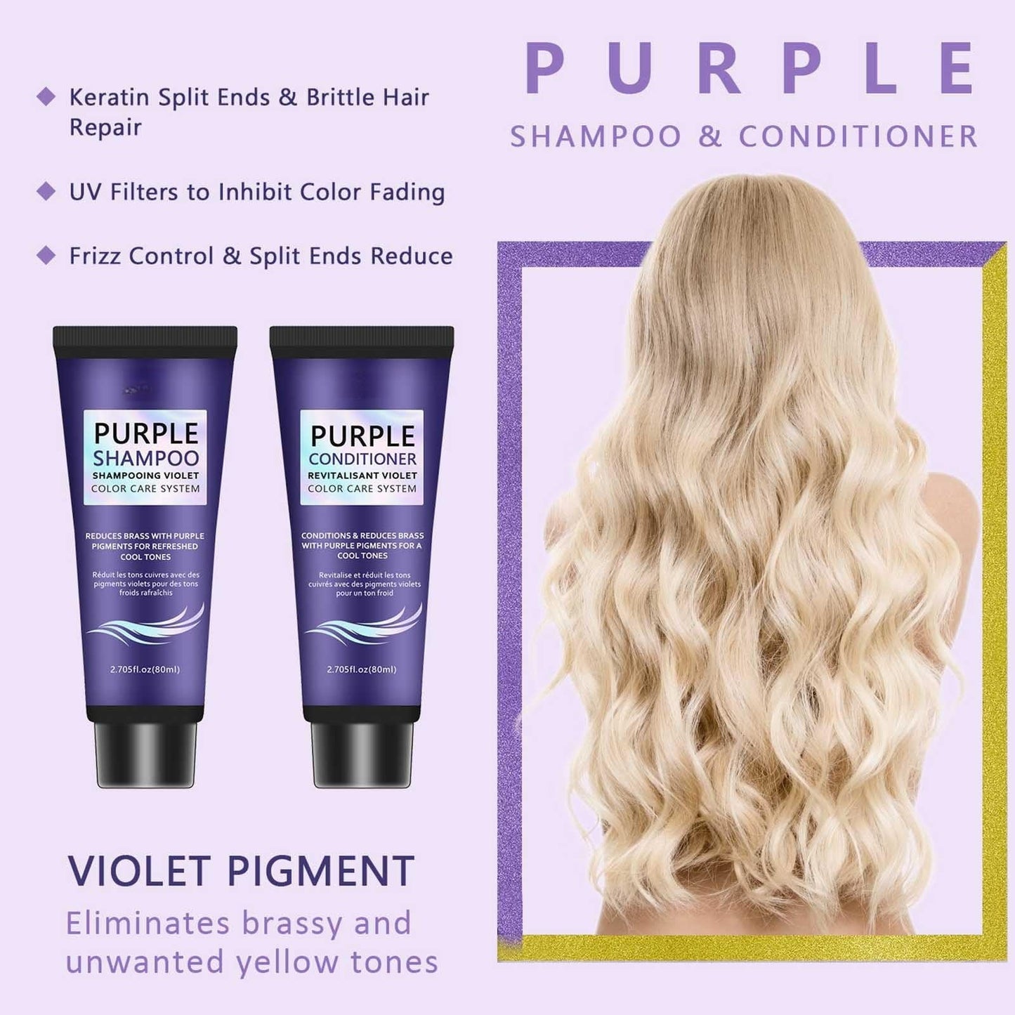 Purple Shampoo and Conditioner Set, Anti-Brass Toning, Enhance Blonde Tones, Deep Moisturizer,Frizz Control-Repair and Hydration,for Blonde,Silver, or Beauty & Personal Care MeiPlumLai