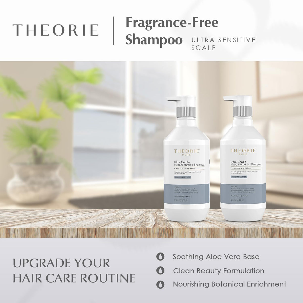 Theorie PURE Ultra Gentle Hypoallergenic Shampoo - Plant-Based & Vegan - Fragrance-Free - Designed for Delicate Scalp Care - Pump Bottle - 400mL
