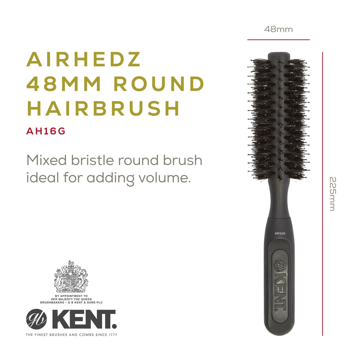 Kent AH16G AirHez Boar & Nylon Bristle Round Brush - Blow Dryer Brush for Curling, Great for Adding Volume & Root Lifting in Short Hair