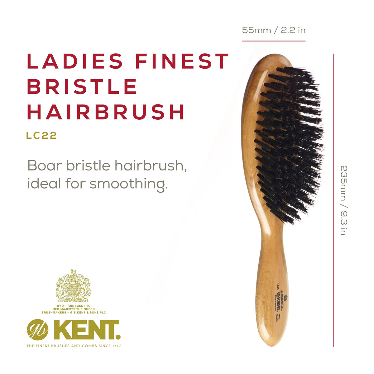 Kent LC22 Finest Hair Brushes for Women Detangler Dry Brush Made of Cherrywood - Boar Bristle Oval Hairbrush for Medium to Thick Hair All Lengths -