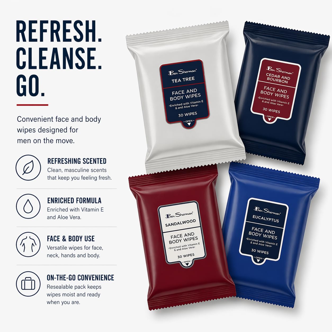 Ben Sherman Men's Face Wipes - 4 Pack (120 Total) Cleansing Wipes for Men with Cedar & Bourban, Eucalyptus, Tea Tree & Sandalwood Beauty & Personal Care Ben Sherman