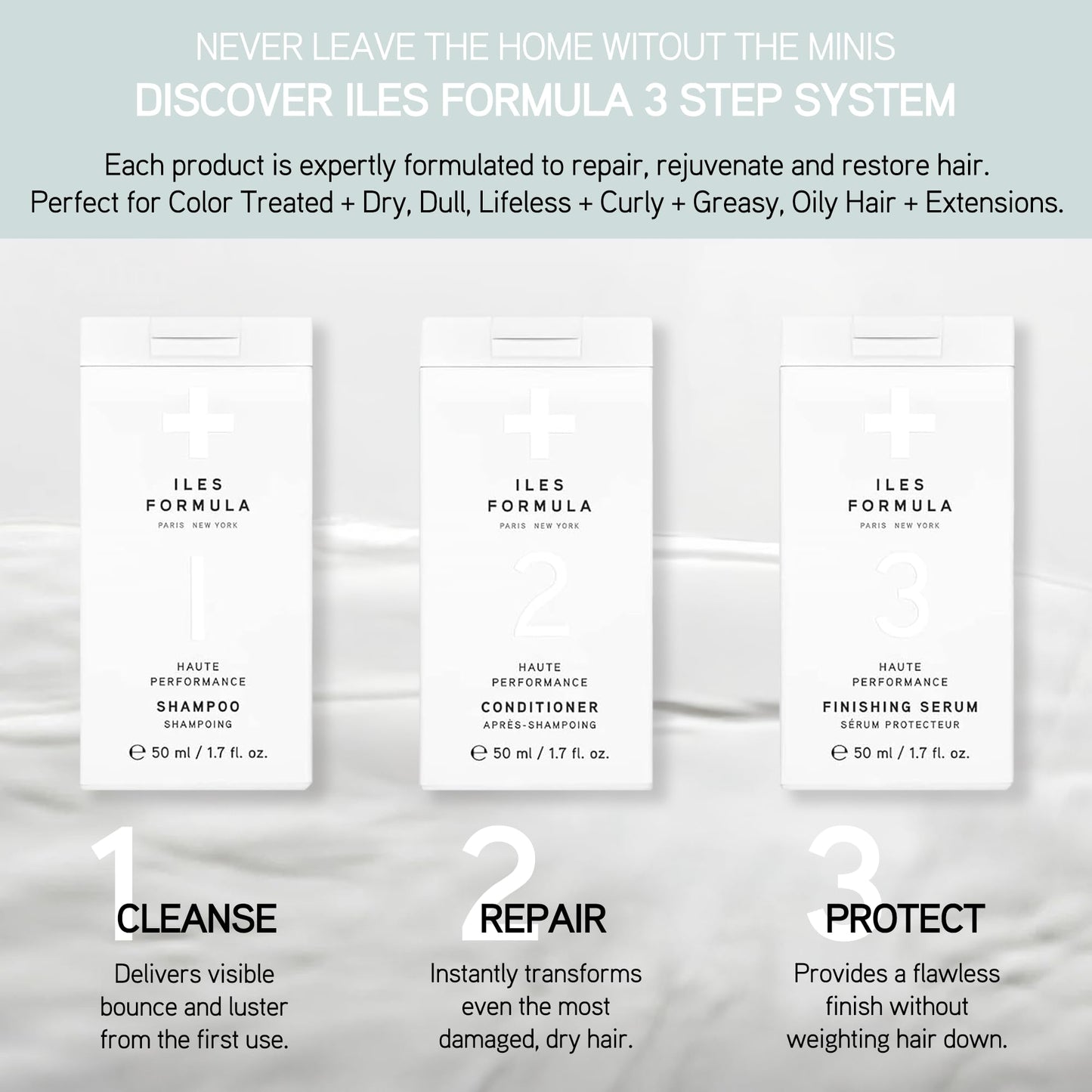 ILES FORMULA Mini Signature Collection - Moisturizing Travel Shampoo & Conditioner w/Mini Finishing Serum Blow Dry Cream for Dry, Damaged, Frizzy Hair Beauty & Personal Care ILES FORMULA