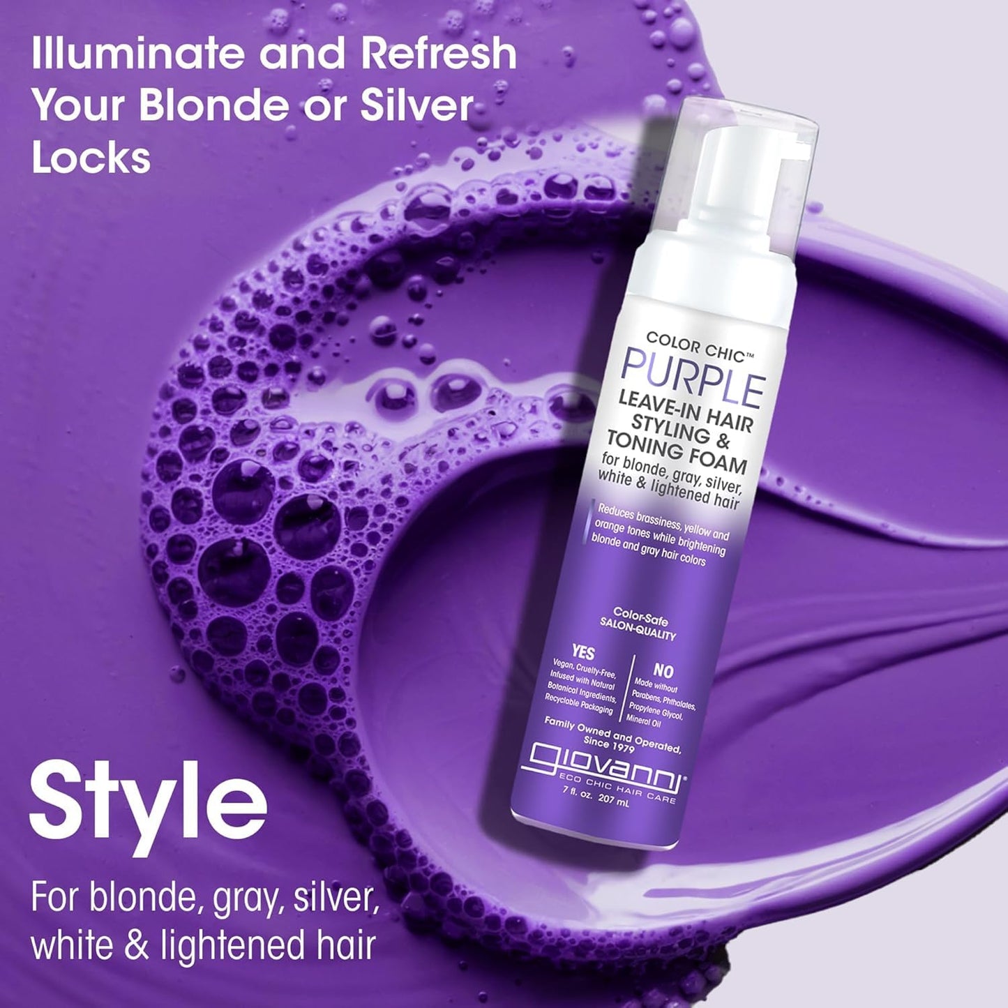 GIOVANNI Color Chic Purple Leave-In Hair Styling & Toning Foam - Purple Foam for Blonde, Gray, Brassy, Fine Hair, Gives Volume & Shine for Women & Men Beauty & Personal Care GIOVANNI