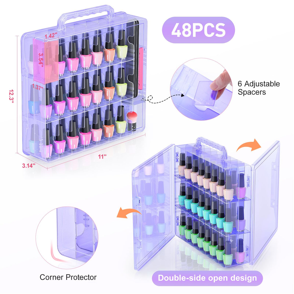 Beloving Nail Polish Organizer Case for 48 Bottles Nail Polish Holder with Adjustable Divider, Gel Nail Polish Storage Double Side Organizer Case
