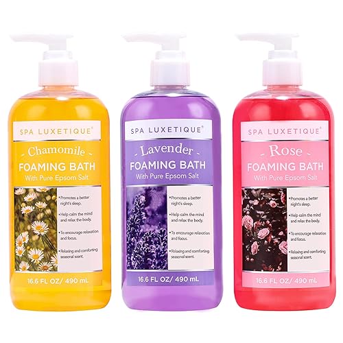 Spa Luxetique Bubble Bath, Foaming Bath with Epsom Salt, Chamomile Rose and Lavender Scent Bathing Set, 3 Pack 49.8 fl oz Christmas Gifts Set Beauty & Personal Care spa luxetique