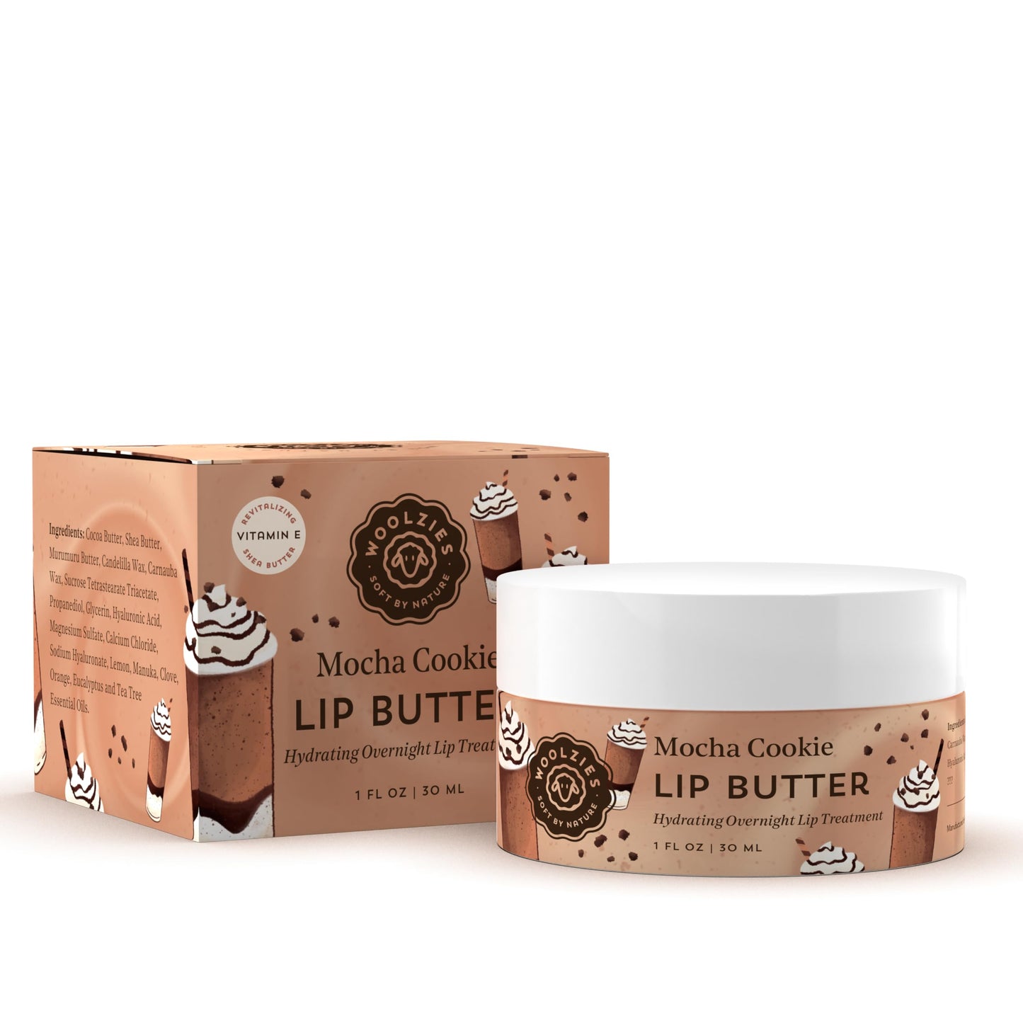 Hydrating Lip Mask with Hyaluronic Acid - Overnight Treatment for Soft, Smooth Lips - Shea Butter, Vitamin E & Natural Oils - 1 oz Jar (1 Ounce, Mocha Beauty and Personal Care Woolzies