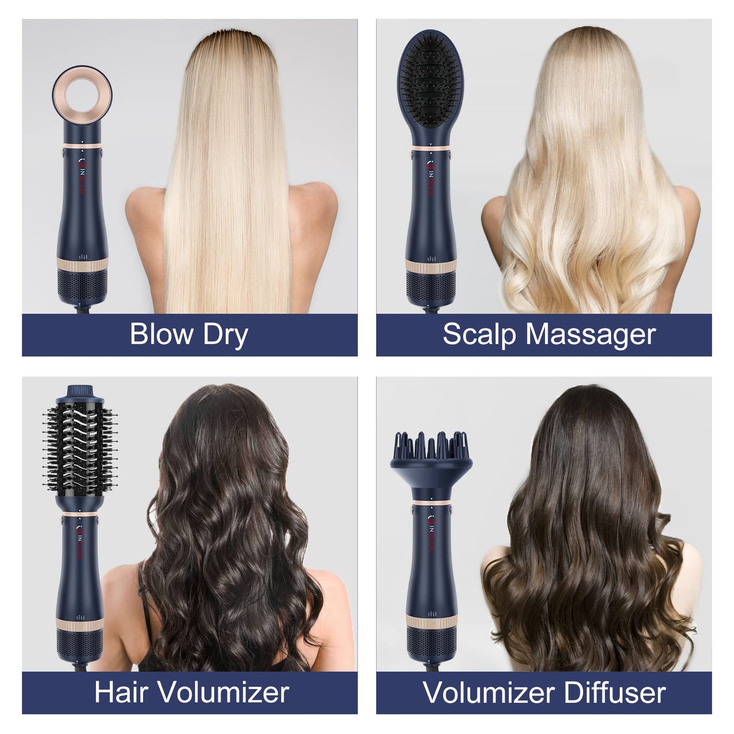 Hair Dryer Brush Set, IG INGLAM 4 in 1 Blowout Brush, Negative Ion Detachable Hair Dryer & Styler Volumizer Hot Air Hair Dryer Brush with 2 Styling Beauty & Personal Care IG INGLAM