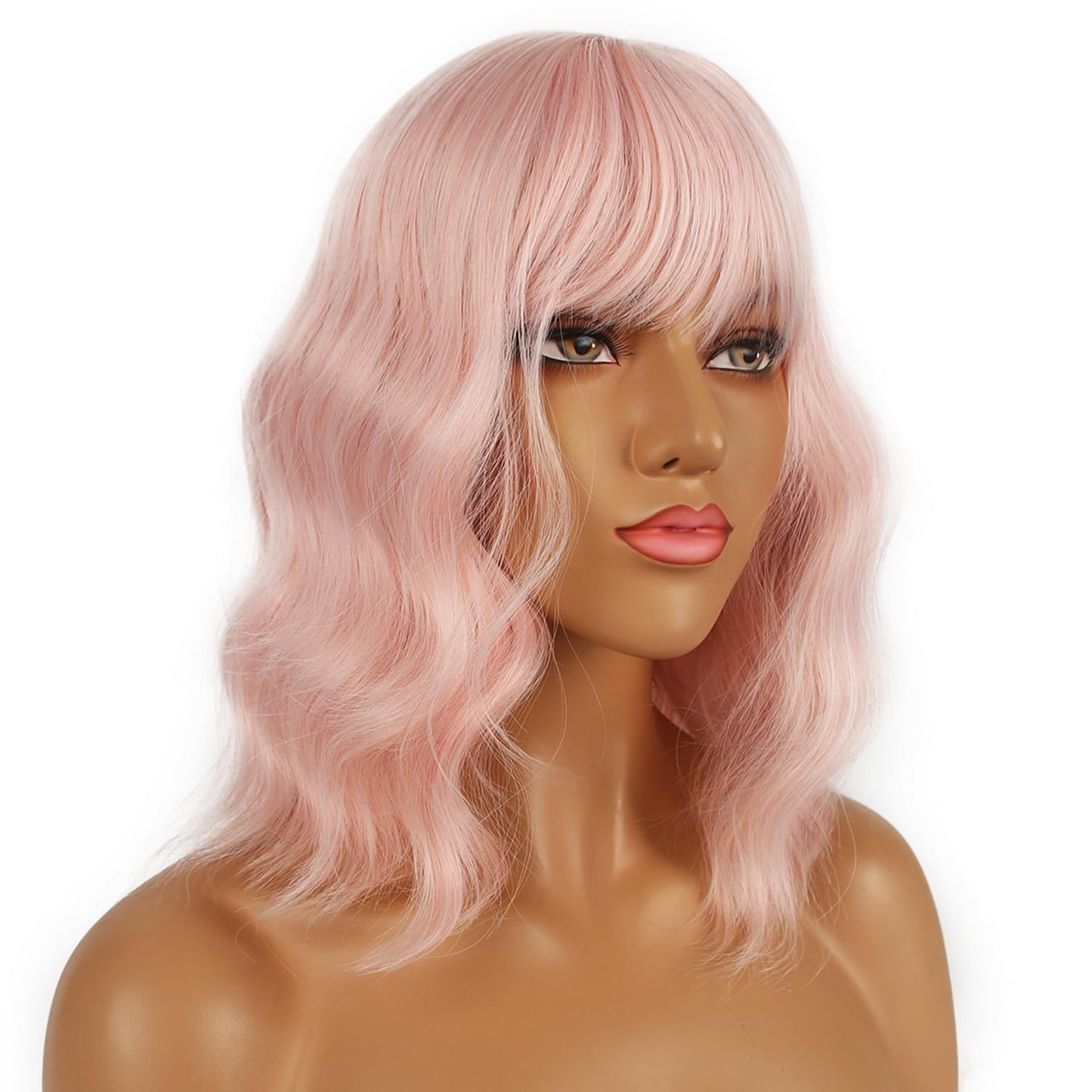 LANCAINI Short Bob Wigs with Bangs for Women Loose Wavy Wig Curly Wavy Shoulder Length Bob Synthetic Cosplay Wig for Girl Colorful Costume Wigs (Peach Beauty and Personal Care LANCAINI