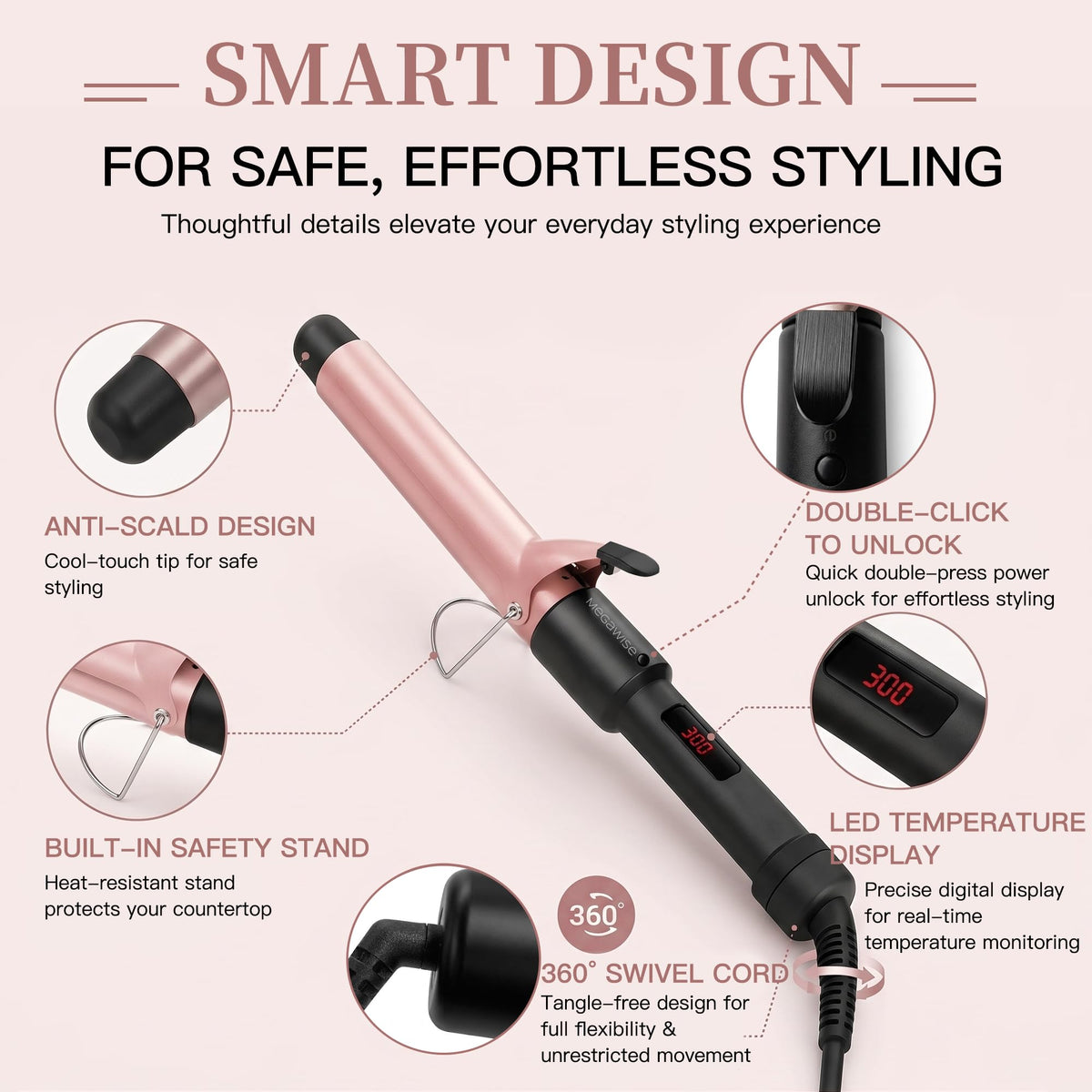 MEGAWISE Pro 1.25 Inch Ceramic Barrel Hair Curling Iron with 60s PTC Fast Heating, Anti-Scald Grip & Tip, Auto Shut Off, 360° Swivel Cord, 2 Clips &