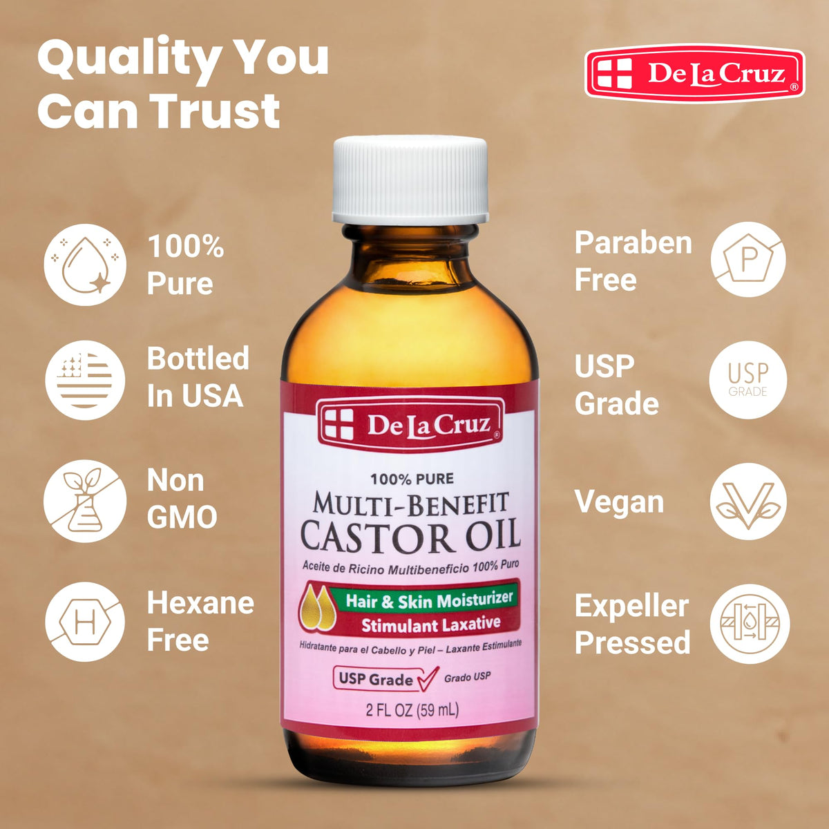 De La Cruz Castor Oil - 100% Pure Castor Oil for Hair, Skin, Eyelashes, and Eyebrows - USP Grade, 2 FL Oz (3 Bottles) Beauty & Personal Care De La Cruz