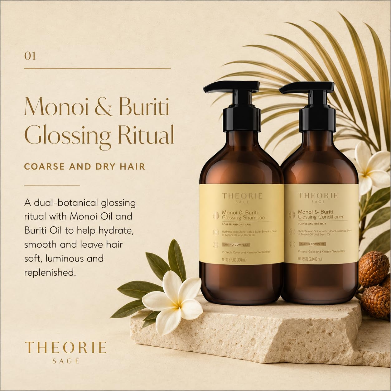 THEORIE 400 mL Shampoo & Conditioner Collection (THEORIE Sage Collection Hair Care Sets (Monoi & Buriti 400mL Shampoo & Conditioner Set)) Beauty & Personal Care Theorie