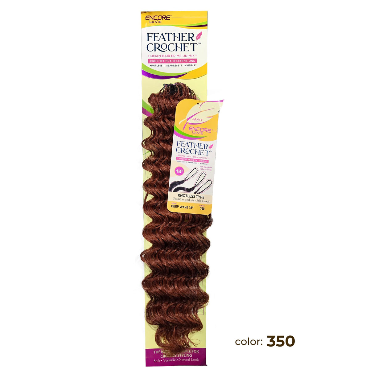 Janet Collection Encore Lavie Pre-Separated Feather Crochet Deep Wave 18" - Knotless Crochet Braid Extensions (color #350)