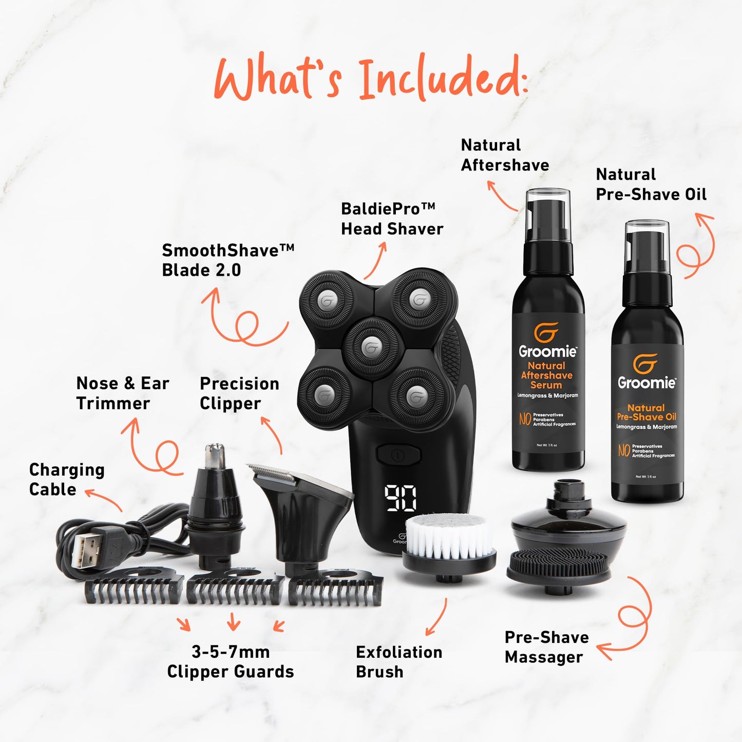 GROOMIE No Hair, Don't Care Bundle - 5D BaldiePro Electric Head Shavers for Bald Men, Natural Pre-Shave Oil to Promote Close Shave, & Natural Beauty and Personal Care Groomie