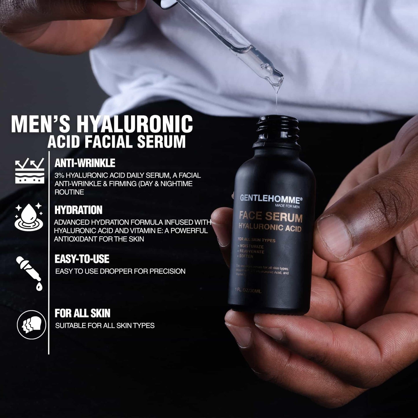Gentlehomme - Hyaluronic Acid Face Serum - Men’s Facial Serum - With 3% Hyaluronic Acid & Vitamin E - Helps Moisturize, Rejuvenate & Soften Skin - Day Beauty & Personal Care Gentlehomme