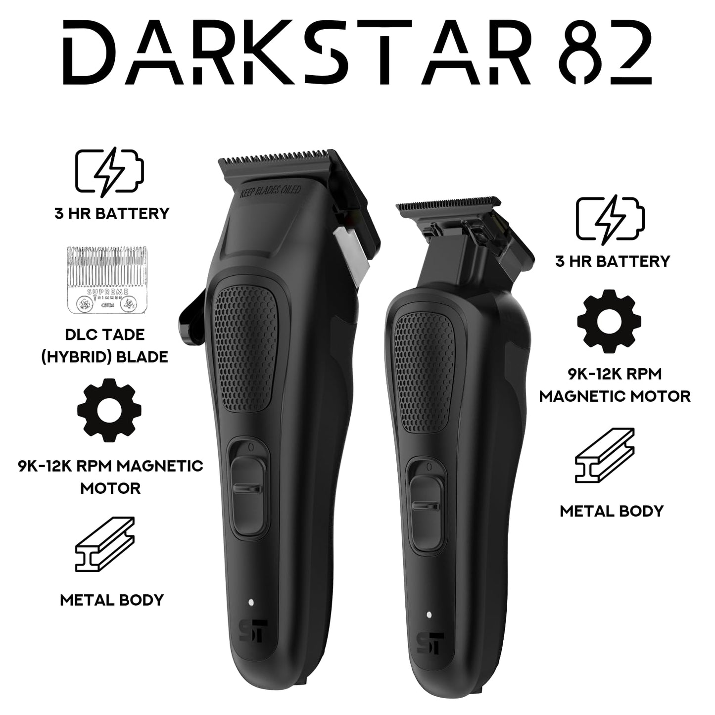 Supreme Trimmer Darkstar 82 Metal Body Clipper & Trimmer Set with Magnetic Vector Motor - 180 Min Run Time, 9100 RPM Professional Hair Clipper & Beard Beauty and Personal Care Supreme Trimmer