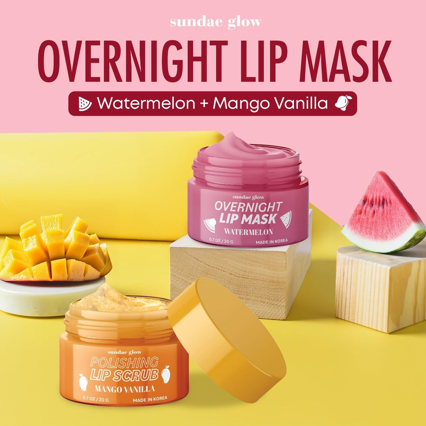 Sundae Glow Lip Mask & Scrub - Watermelon, Mango & Vanilla - Hydrates, Exfoliates, Softens & Repairs Dry, Cracked Lips - Dermatologist Tested, Korean Beauty and Personal Care Sundae Glow