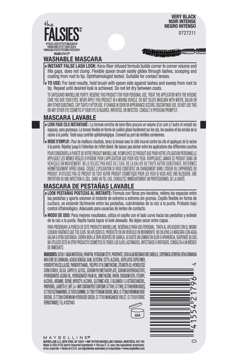 Maybelline Makeup Volum' Express The Falsies Washable Mascara, Very Black, 2 count.