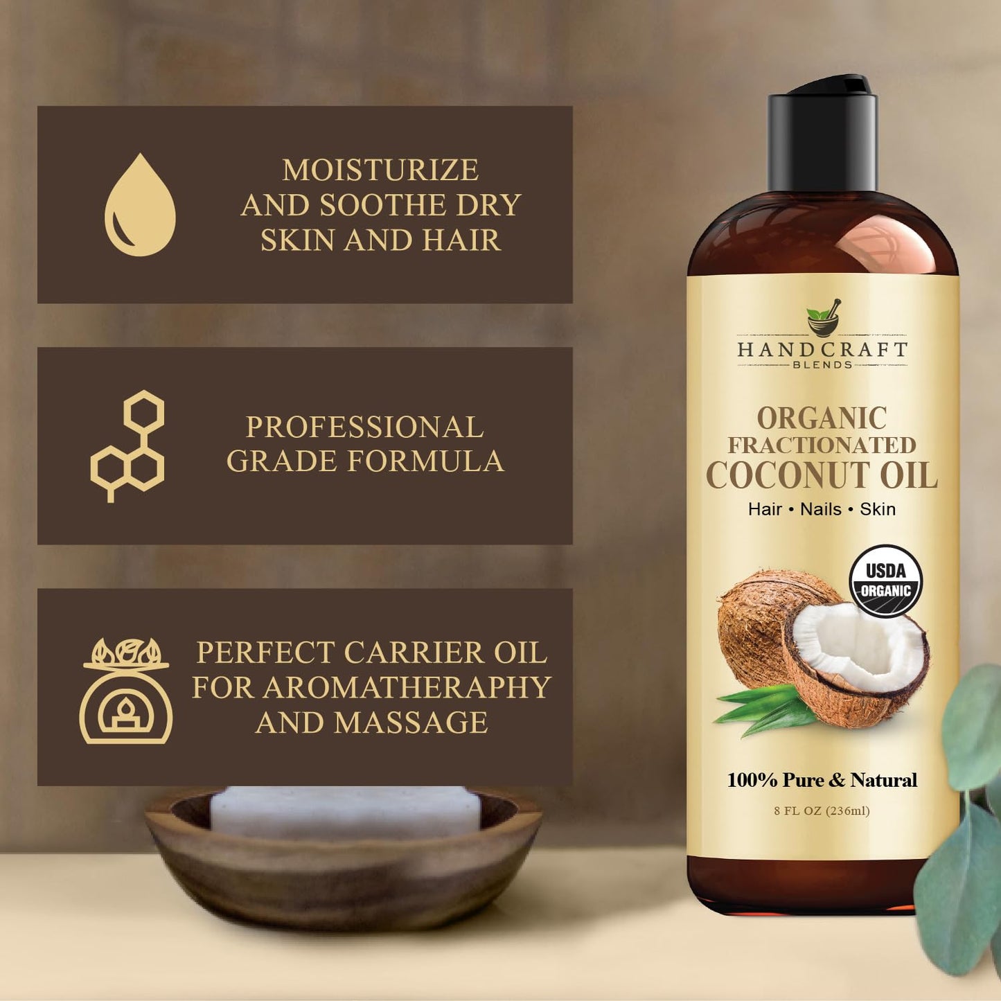 Handcraft Blends Organic Fractionated Coconut Oil - 100% Pure and Natural - Bath & Body Oil - Premium Grade Carrier Oil - Skin - Hair - Body - Massage Beauty and Personal Care Handcraft Blends