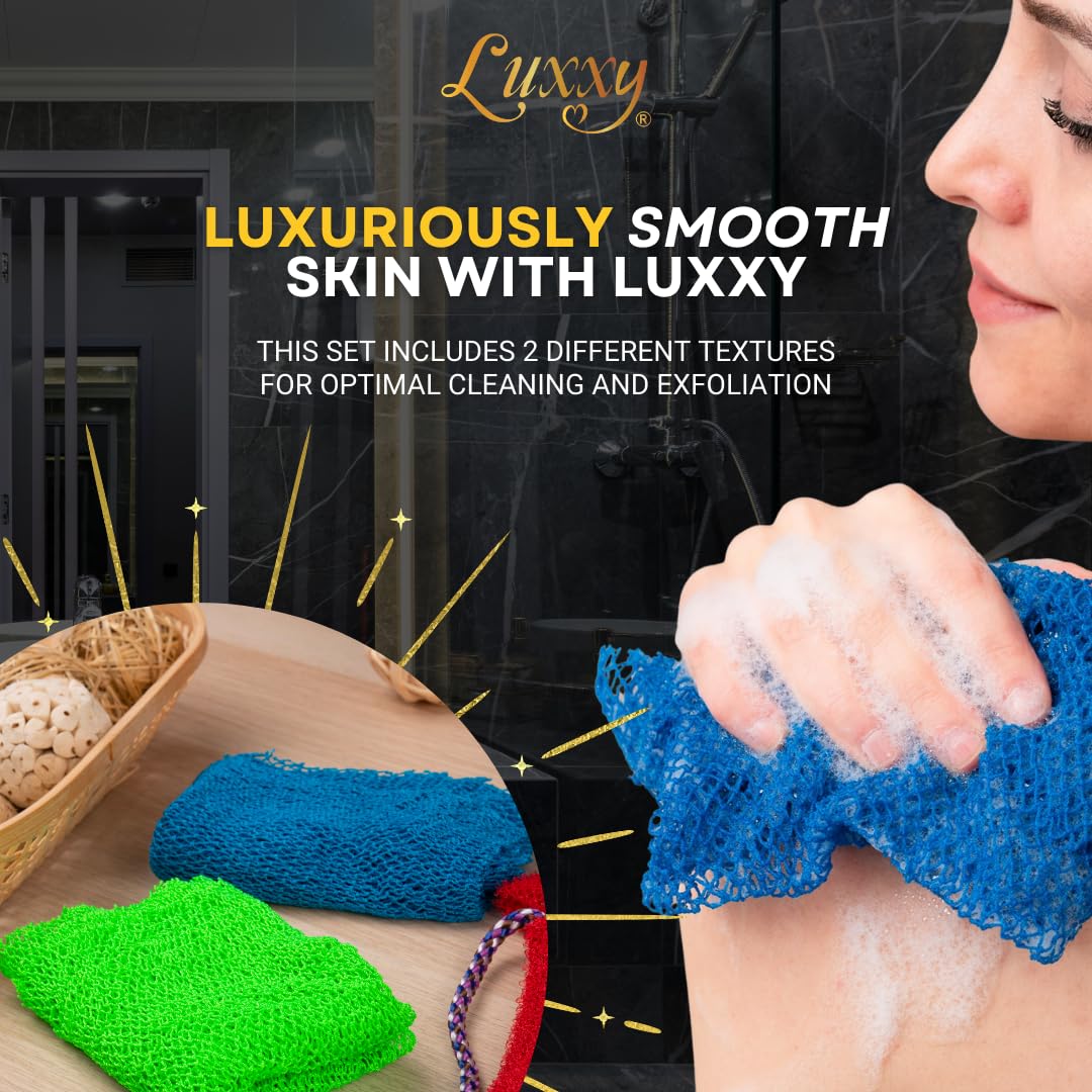 Luxxy® | 3 Pack Set 2 Soft African Exfoliating Nets & 1 Rough African Net Sponge with Handles For The Back, Neck or Feet, Black Women Owned, Achieve Beauty & Personal Care Luxxy