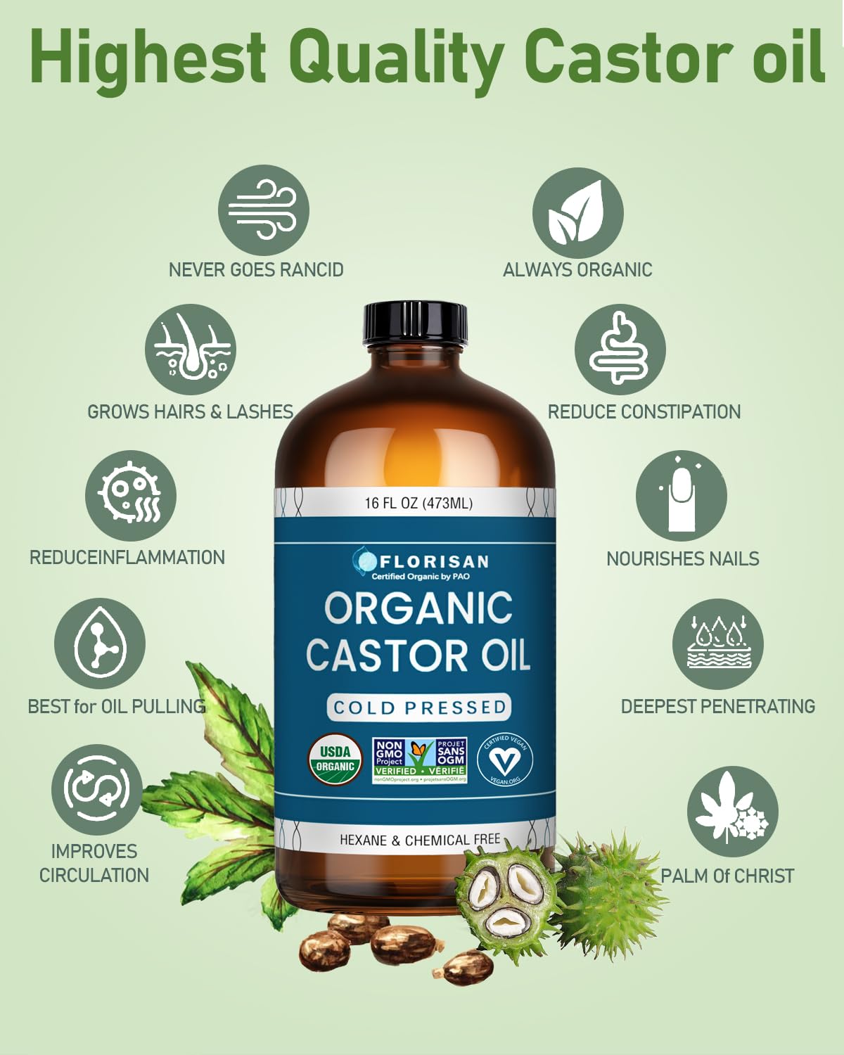 Florisan USDA Certified Organic Castor Oil 16oz Glass Bottle, Cold Pressed, Hexane-Free, Non-GMO, Vegan, 100% Pure Castor Oil for Hair Growth, Skin Beauty and Personal Care Florisan