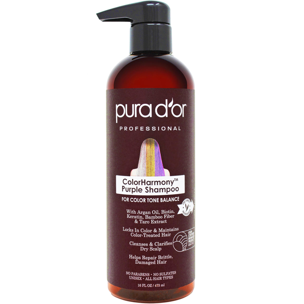 PURA D'OR 16 Oz ColorHarmony Purple Shampoo For Bleached, Blonde, Silver & Color Treated Hair - Keratin, Bamboo Fiber, No Sulfates, Select Natural