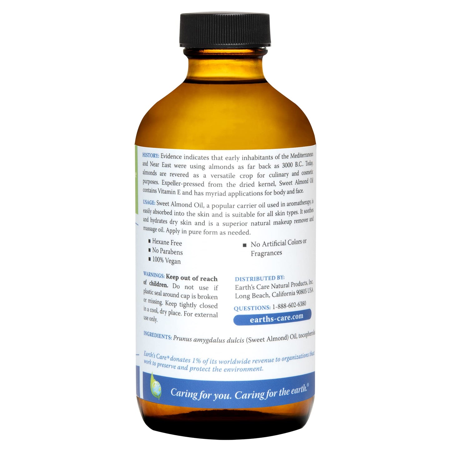 Earth’s Care Sweet Almond Oil - Expeller Pressed Almond Oil for Skin and Hair, Glass Bottle, Unscented, 8 FL. OZ. Beauty & Personal Care Earth's Care