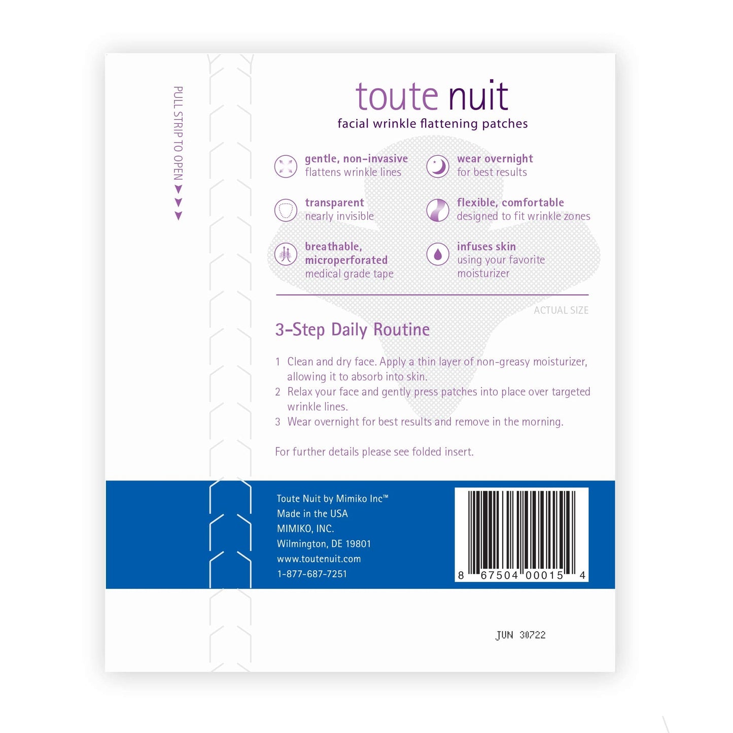 Toute Nuit Wrinkle Patches - Jet - Face Tape for Forehead and Large Frown Lines - Hypoallergenic Anti Wrinkle Patches - 20 Count, Made in USA Beauty & Personal Care Toute Nuit by Mimiko Inc