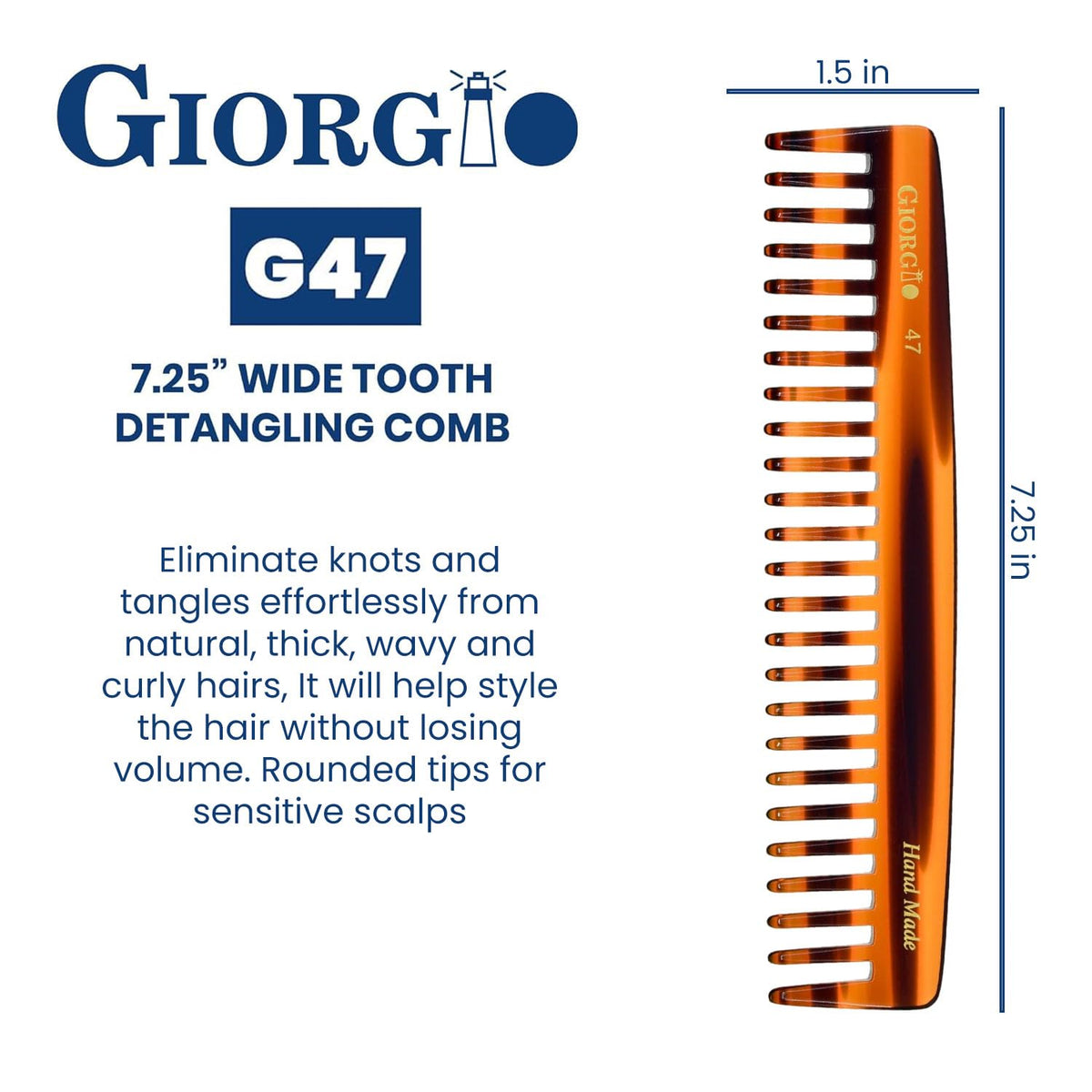Giorgio G47 Wide Tooth Detangling Hair Comb for Thick Curly Wavy Hair. Long Detangler Comb For Wet and Dry Hair. Handmade, Extra Wide Tooth Comb