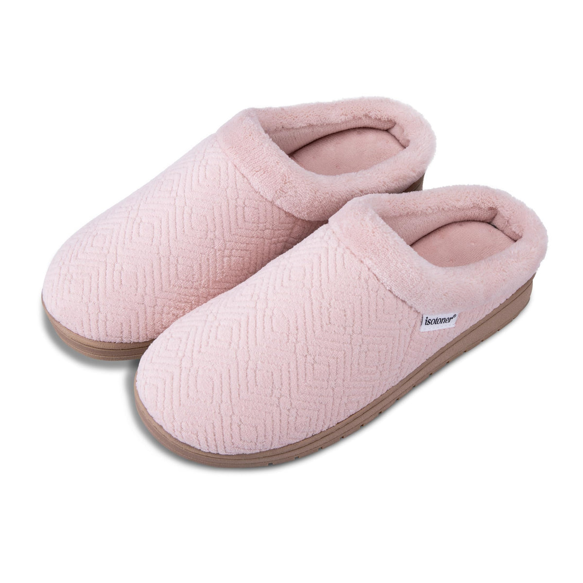 isotoner Women's Indoor/Outdoor Slip-on Diamond Microterry Gemma Clog Slippers with Memory Foam Comfort, Evening Sand, 7.5-8