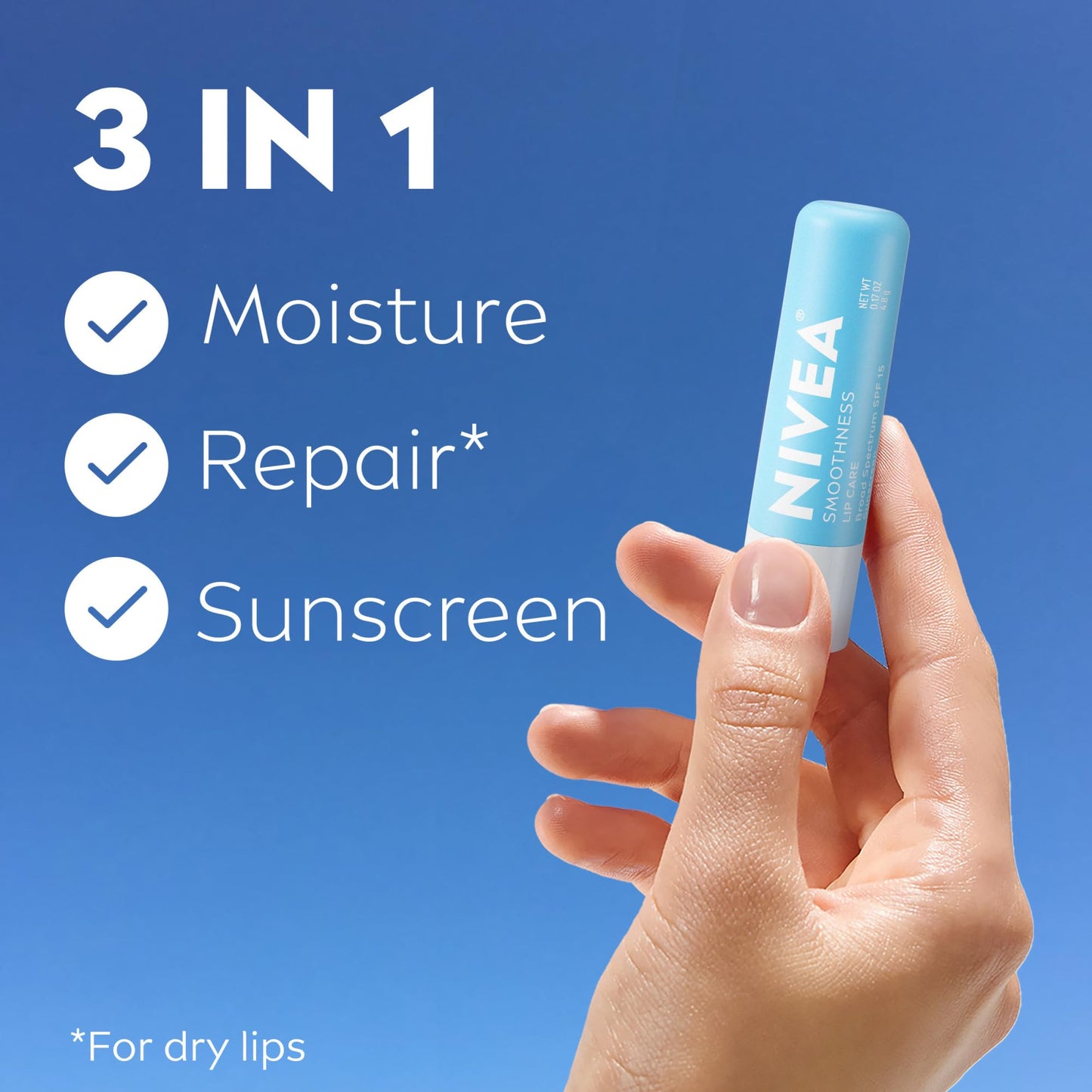 NIVEA Smoothness Lip Care, Sunscreen Lip Balm with SPF 15 Broad Spectrum, Shea Butter, Nourishing Oils and Vitamin C & E, 3-in-1 Moisture, Repair (for Beauty and Personal Care NIVEA