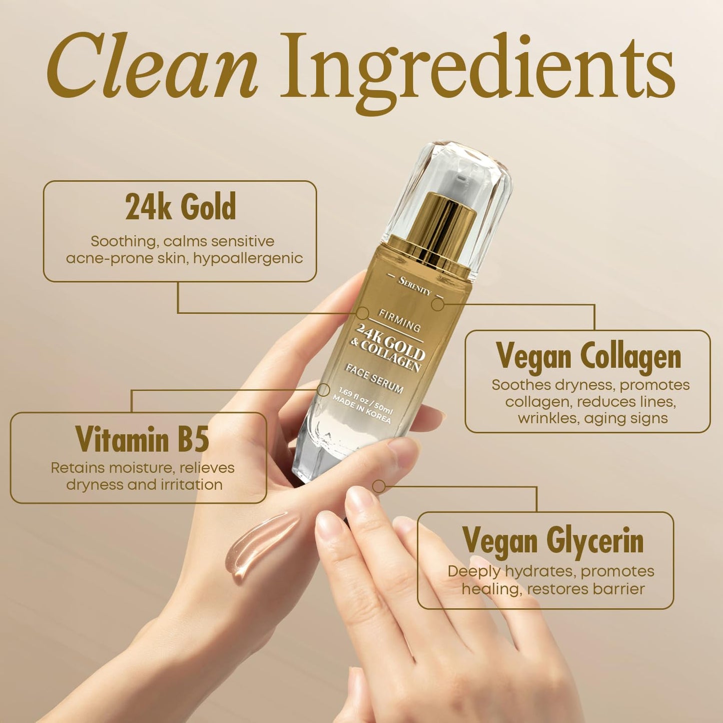 Serenity Dew 24K Gold & Collagen Face Serum - Dermatologist Tested Anti-Aging Korean Skin Care - Calms, Soothes, Hydrates & Firms Skin - Vegan Clean Beauty & Personal Care Serenity