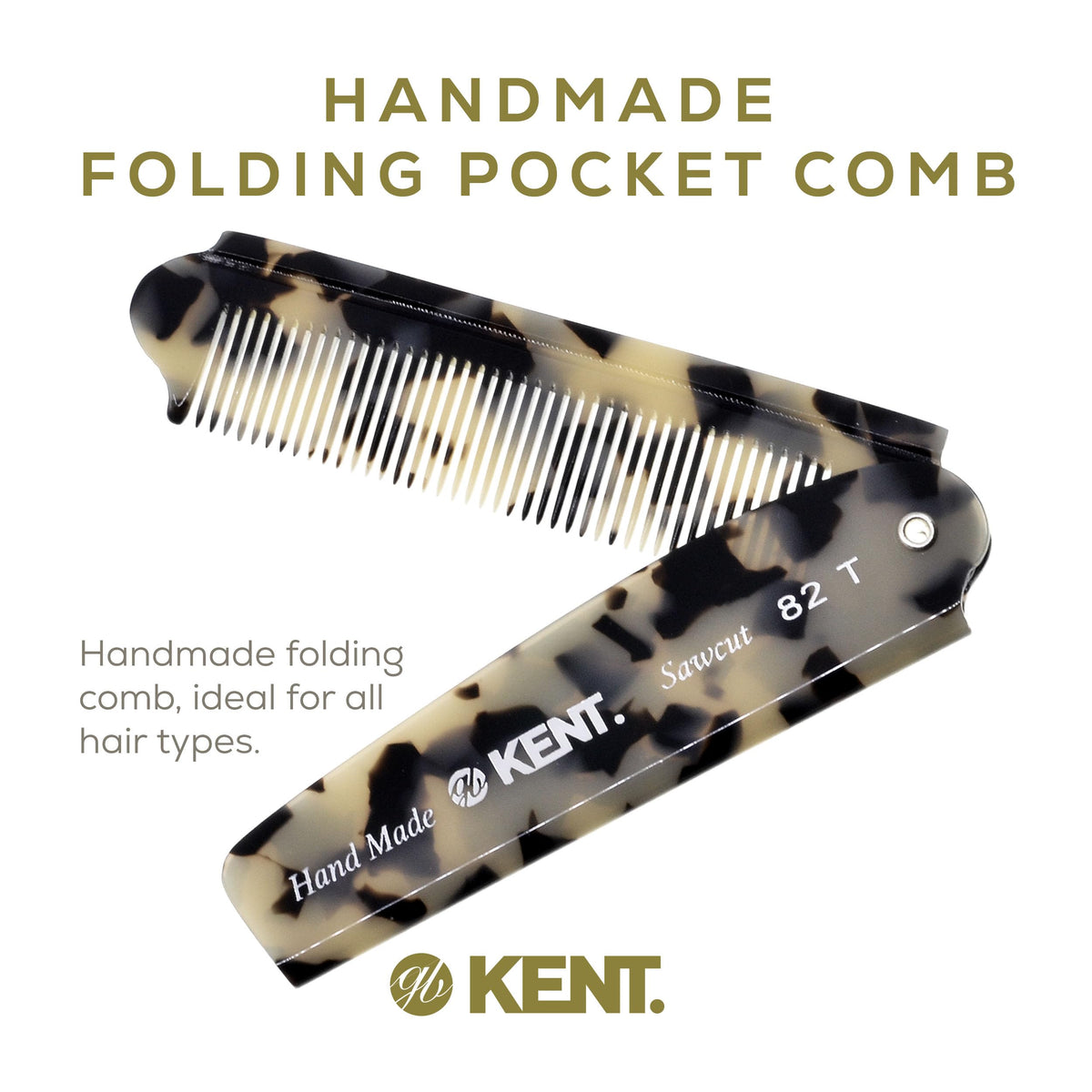 Kent 82T TW Handmade Folding Pocket Comb for Men, Fine Tooth Hair Comb Straightener for Everyday Grooming Styling Hair, Beard or Mustache, Use Dry or