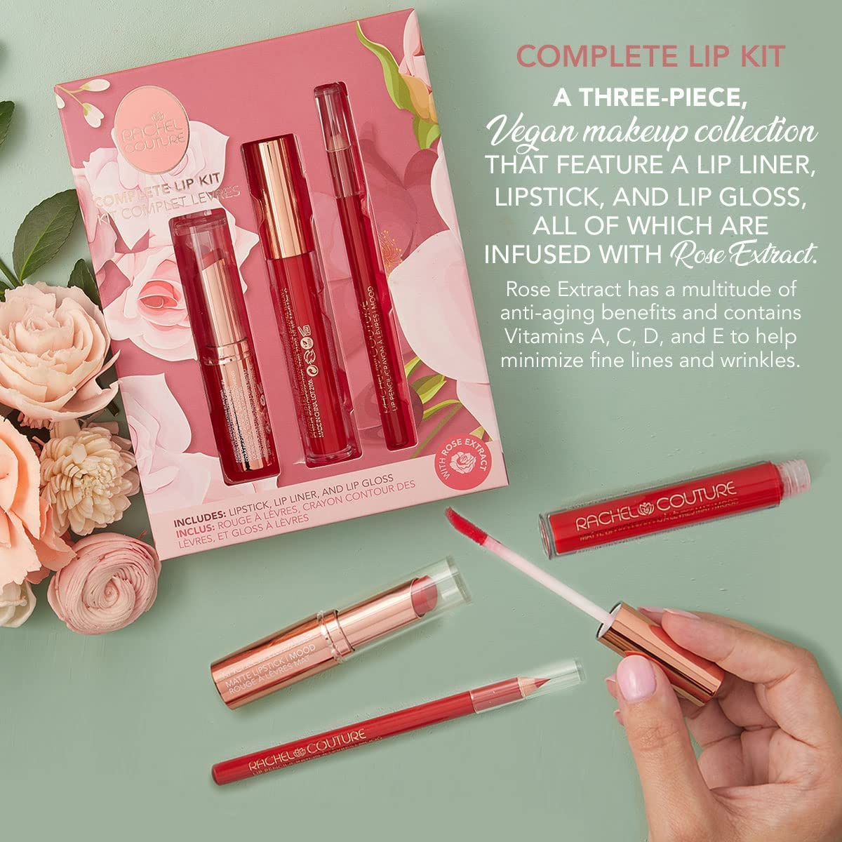 Rachel Couture Complete Lip Kit | Includes Lipstick, Liner & Gloss | Vegan & Cruelty Free | Infused With Rose Extract - Mood Beauty & Personal Care Rachel Couture
