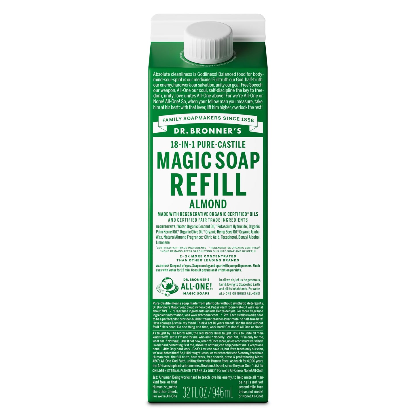 Dr. Bronner's Magic Soap Pure-Castile Liquid Soap Refill - Made with Regenerative Organic Certified Oils - 18-in-1 Uses for Face, Body Wash, Hand Soap Beauty & Personal Care Dr. Bronner's