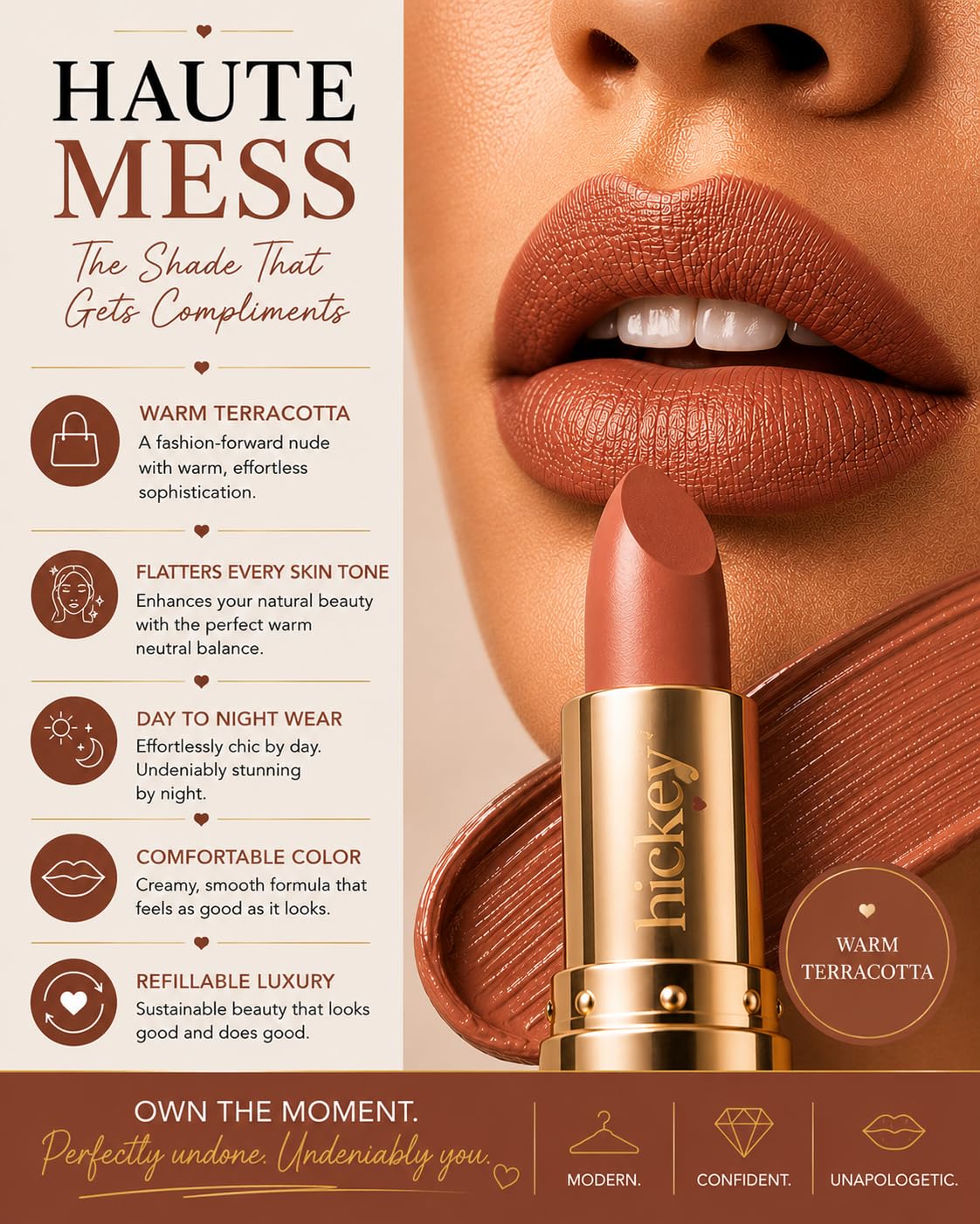 Hickey Lipstick Refill - Haute Mess (Terracotta) - Hydrating Formula with Jojoba Oil, Long Lasting Velvet Finish Lipstick for Women - Vegan & Beauty & Personal Care Hickey