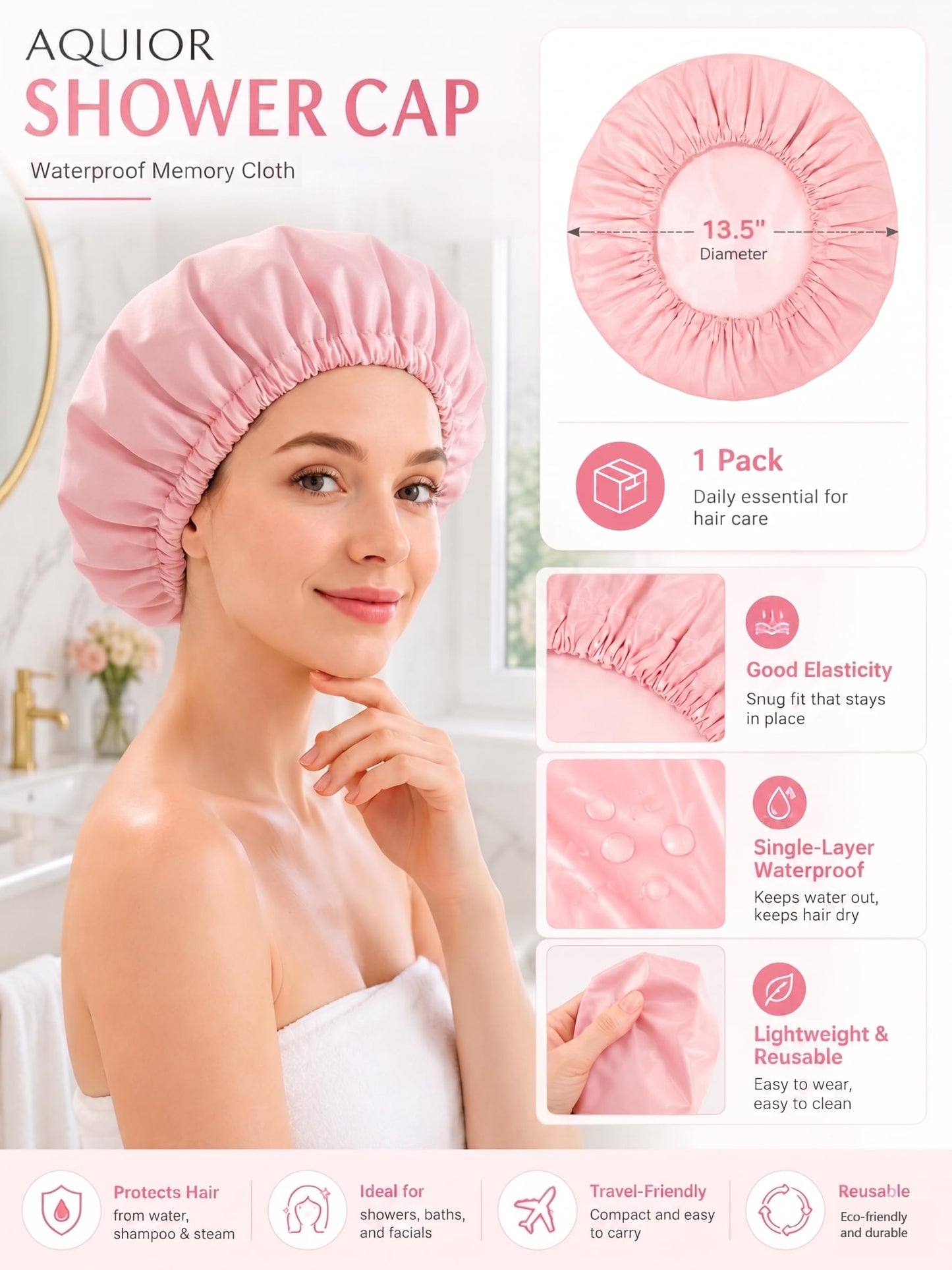 Aquior Shower Caps, Reusable Shower Cap for Women, Waterproof Layer Hair Cap, Large Size for All Hair Lengths,for Girls Spa Home Salon Use (Pink) Beauty and Personal Care Aquior