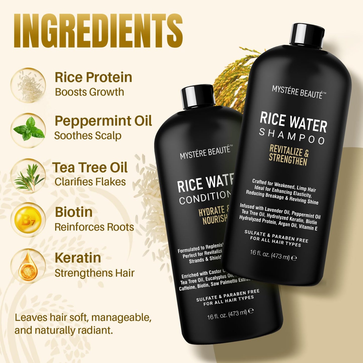 MYSTÉRE BEAUTÉ Rice Water Shampoo and Conditioner Set - Sulfate Free with Biotin, Hyaluronic Acid & Tea Tree - Strengthens, Thickens & Adds Shine Beauty & Personal Care MYSTÉRE BEAUTÉ