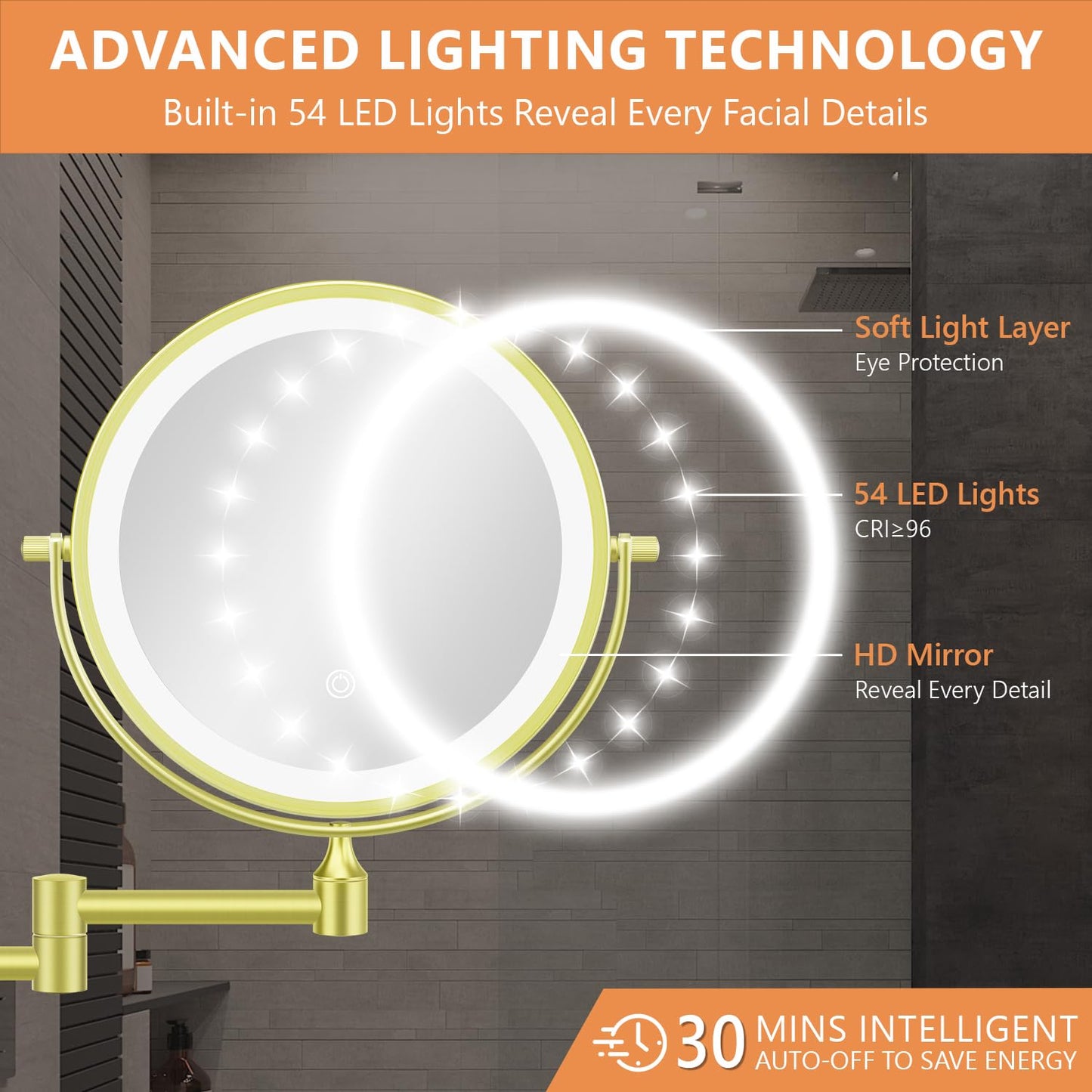 Auxmir 1X/30X Wall Mounted Makeup Mirror with Light, 8" Rechargeable Double-Sided Magnifying Mirror, Vanity Mirror Dimmable 3 Color Light, 360ยฐ Beauty and Personal Care Auxmir
