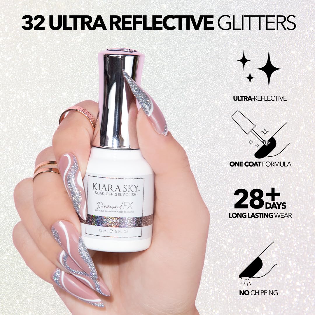 KIARA SKY Gel Polish DiamondFX Reflective Glitter Soak Off with Sparkle Diamond dust effect 0.5 fl oz, Moondust (silver metallic) Beauty & Personal Care KIARA SKY