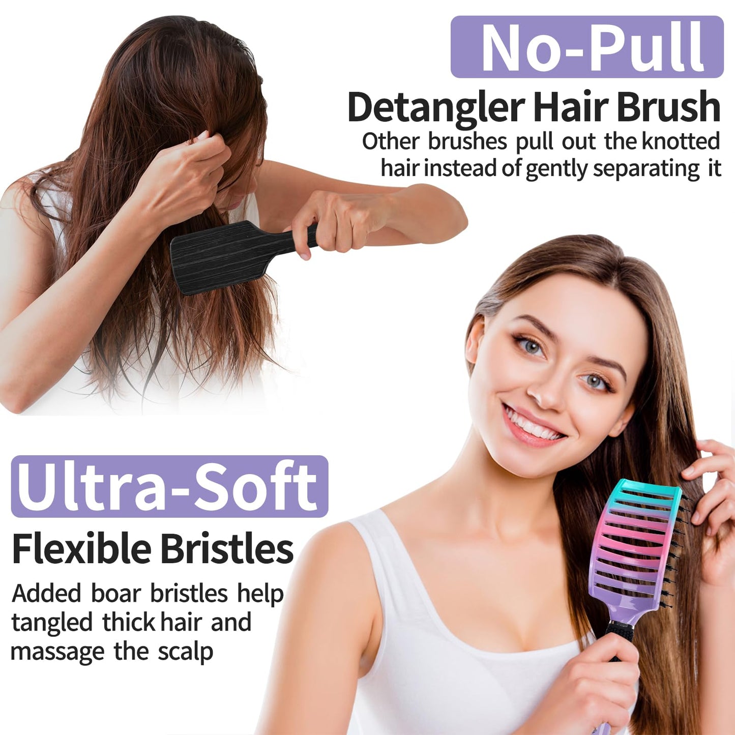 Boar Bristle Hair Brush Set of 2, HIPPIH Wet & Dry Hair Brushes Made by Fine Natural Boar Hair Can Adds Shine and Smoothing, Detangling Hairbrush Beauty and Personal Care HIPPIH
