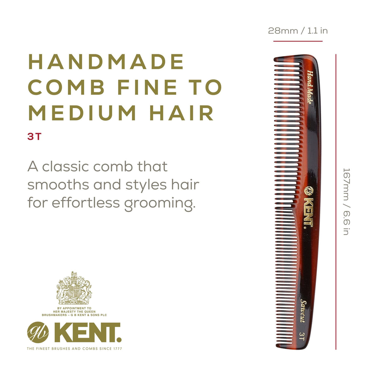 Kent 3T 6.5 Inch Double Tooth Dressing Comb, Fine and Wide Tooth Grooming Comb for Hair, Beard, Mustache and Styling for Men, Women, Kids, Made in