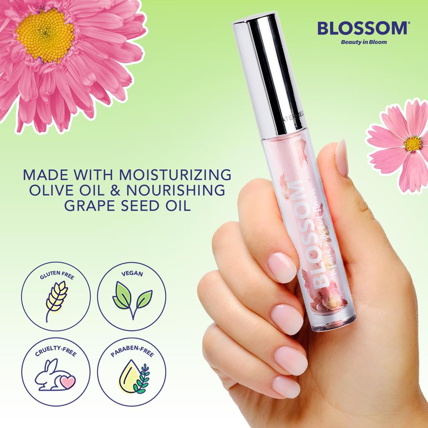 Blossom Lip Gloss & Lip Oil with Olive Oil + Grape Seed Oil, Moisturizing and Hydrating Shimmer Sparkle, Infused with Real Flowers, 3g, Watermelon Beauty & Personal Care Blossom