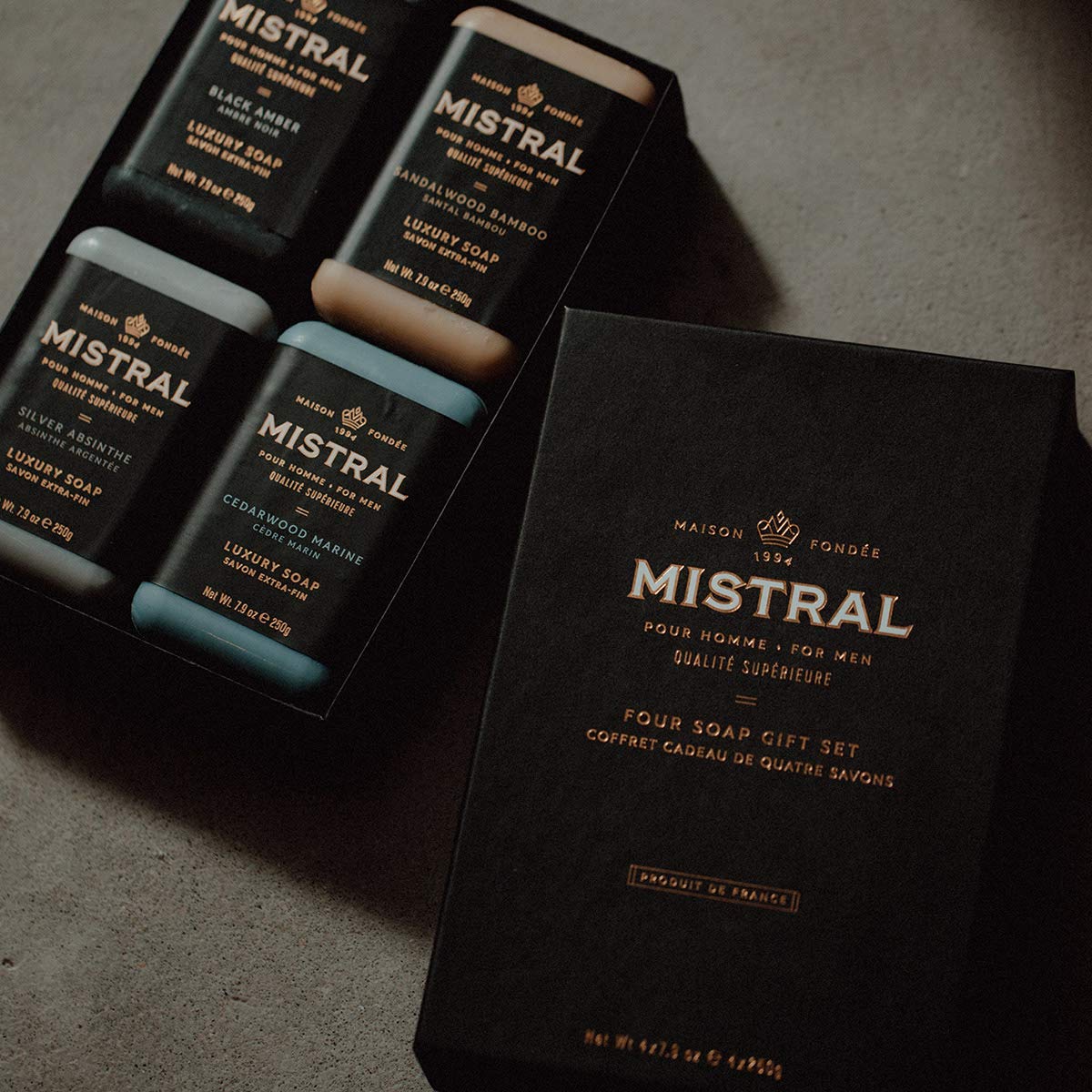 Mistral Men’s Luxury Bar Soap for Men | Gift Set (4 x 8.8 oz) - Cypress Oak, Cedarwood Marine, Teak Wood, Black Amber | Moisturizing, Triple-Milled Beauty & Personal Care Mistral