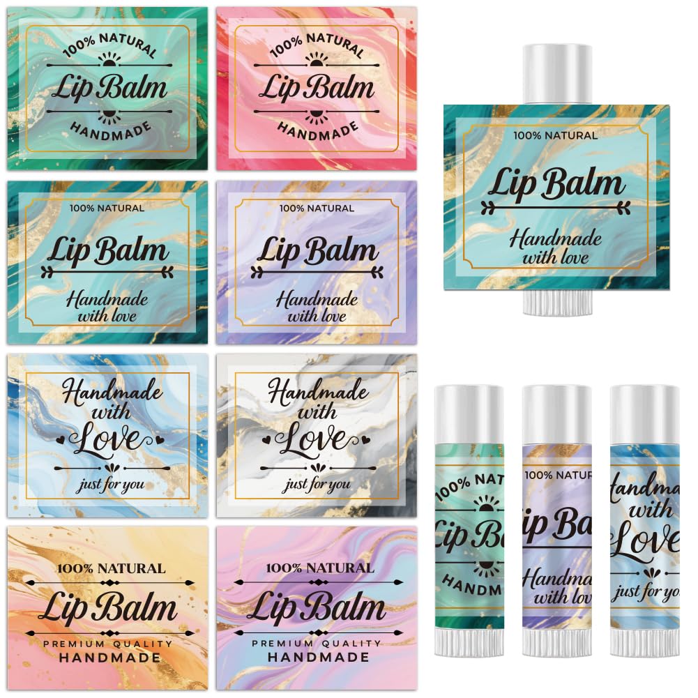 Peacoblue 160Pcs Lip Balm Labels Sticker for Tubes 2.1"x1.7" Gold Marble Texture, 8 Styles Waterproof Chapstick Labels Glossy for Homemade Lip Balm Beauty and Personal Care peacoblue