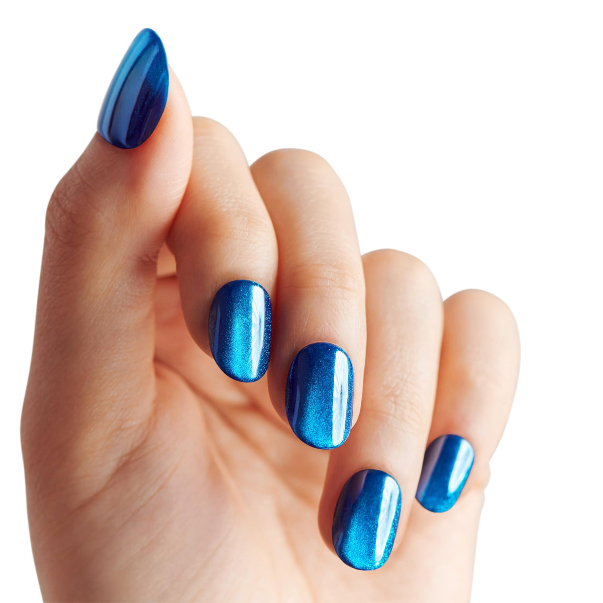 Kiss colorFX by Impress Press On Nails, Reconnect, 30 No Glue Peel and Stick Nails Kit with IMPROVED Adhesive, Blue Short Oval Pearlescent Effect
