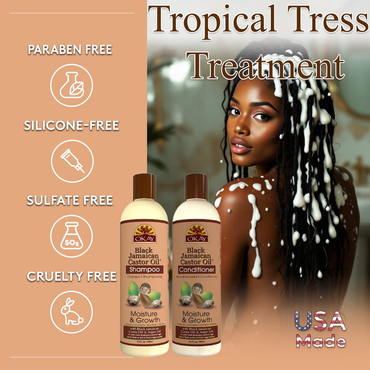Okay Shampoo & Conditioner Black Jamaican Castor Oil Hair Care Set Moisture & Growth Helps Strengthen & Regrow Hair Sulfate, Silicone, Paraben Free