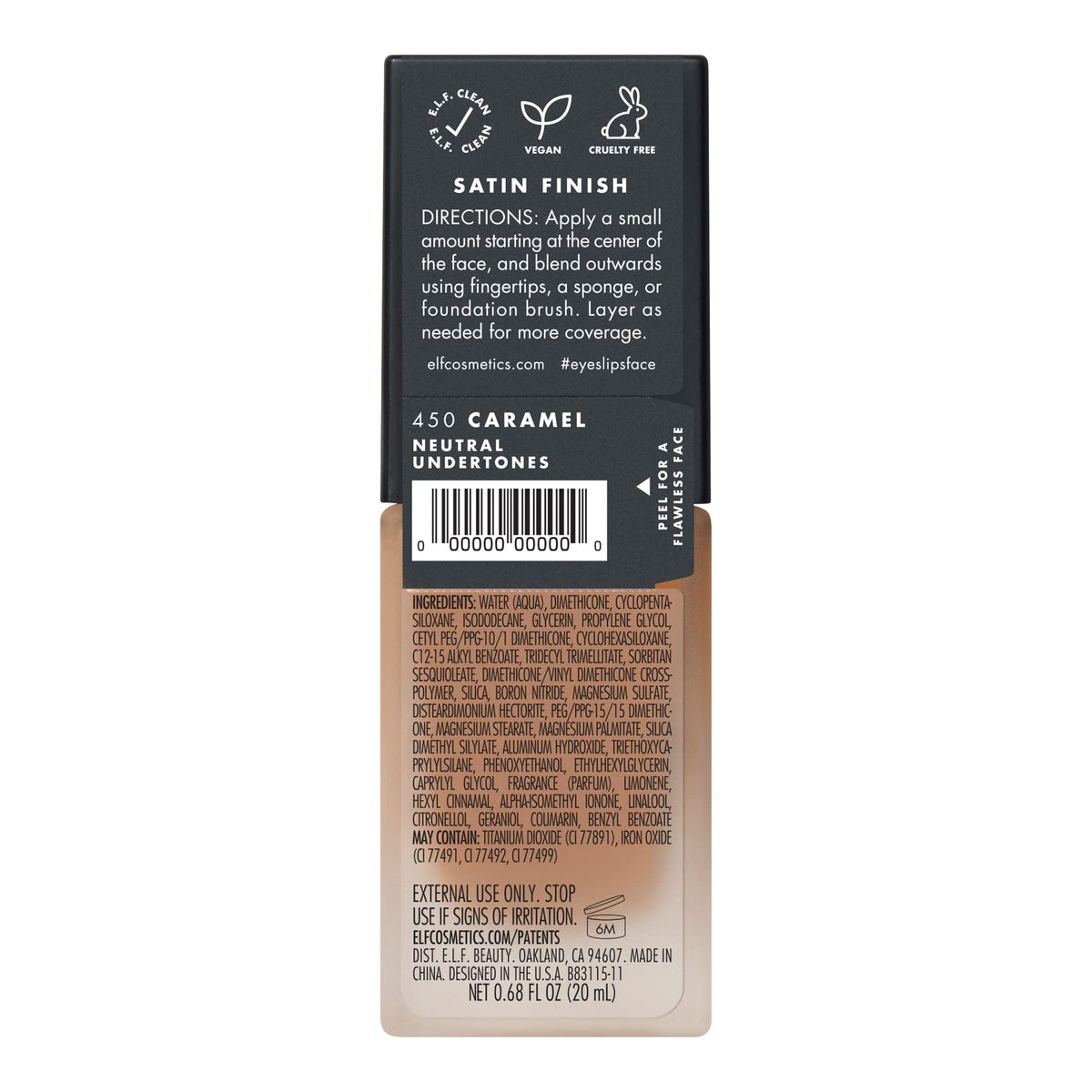 e.l.f. Flawless Satin Foundation, Lightweight & Medium Coverage, Semi-Matte Finish, Vegan , Caramel, 0.68 Fl Oz (20mL) Beauty & Personal Care e.l.f.